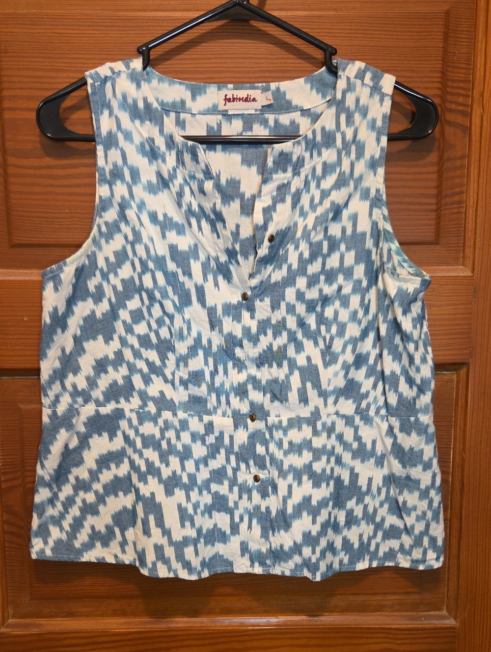 fabindia Blue & White Ikat-Print Sleeveless Button Front Sleeveless Top